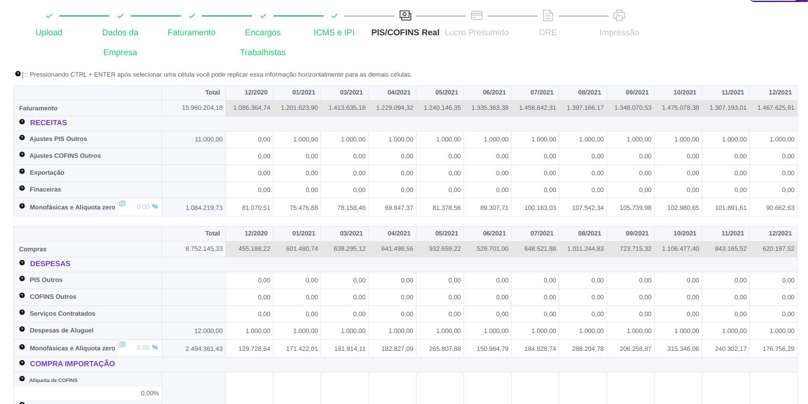 Demonstrativo do módulo de planejamento tributário